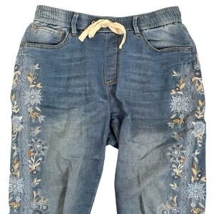 Driftwood River Bloom Joggers Womens M Blue Embroidered Soft Denim Floral Pants